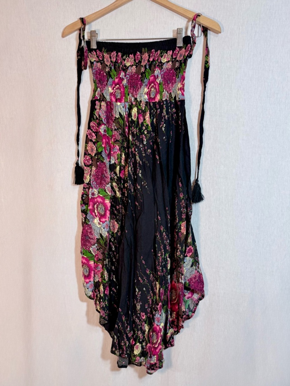 S/M Hippy boho Black Floral Summer skirt or Dress with Pink Rose Print